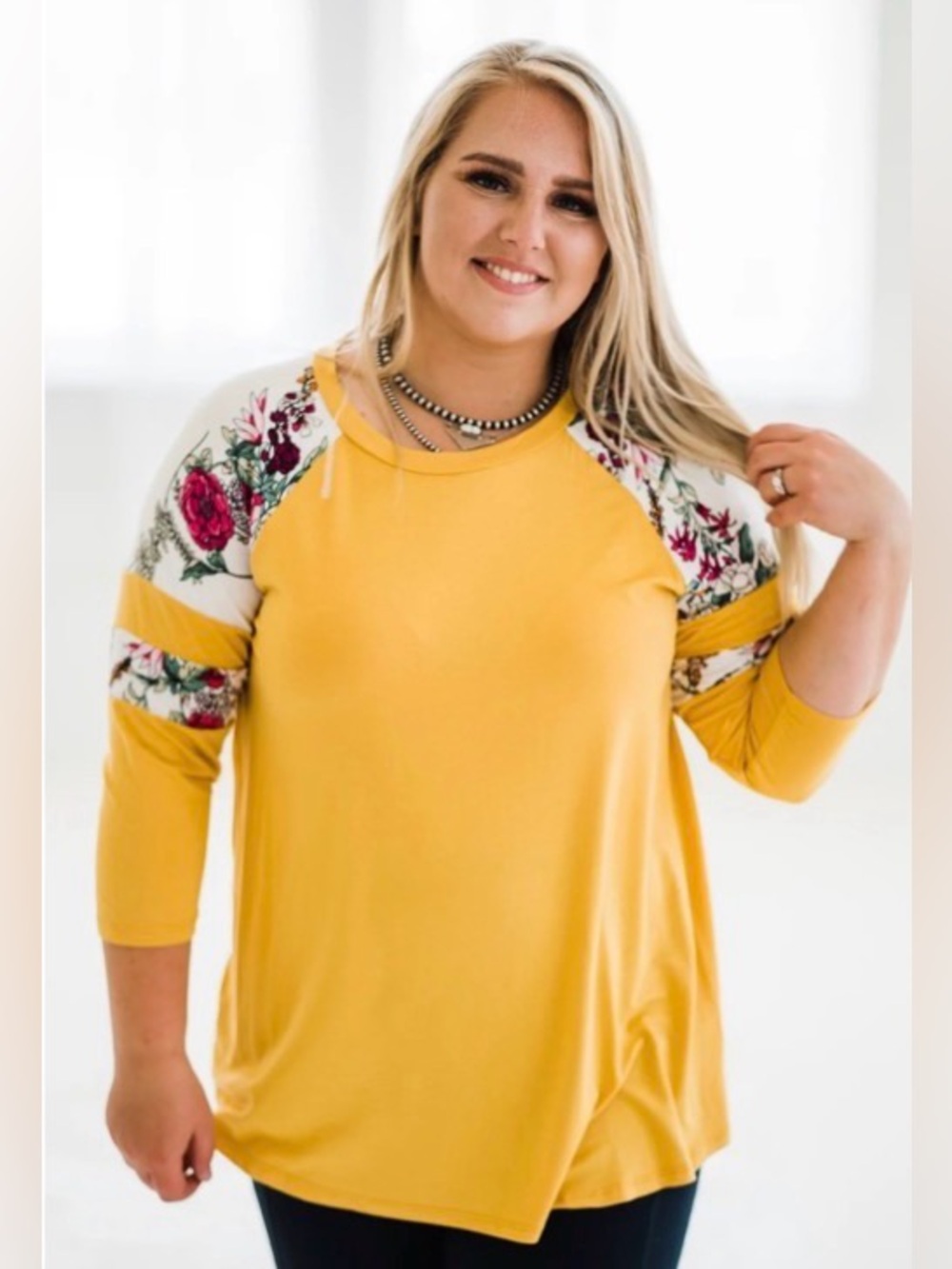 ELuna Floral Baseball Tee size 2X or 3X Yellow/ pink